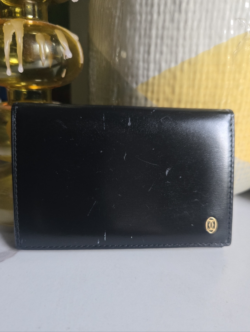 Vintage GUC Cartier Black Leather Slim Bifold Card Wallet